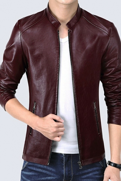 Chic Men Jacket Whole Colored Stand Collar Long-sleeved Slimming Zip Fly Leather Jacket