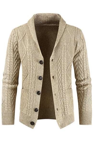 Chic Mens Cardigan Solid Cable Knit Rib Cuff Spread Collar Regular Long Sleeve Button Up Cardigan