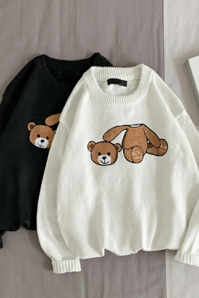 Chic Sweater Bear Printed Long Sleeves Round Neck Regular Fit Sweater for Men