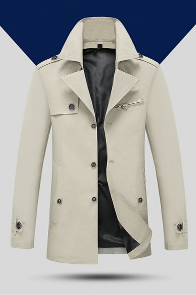 Comfortable Men's Trench Coat Solid Color Suit Collar Button up Long Sleeve Trench Coat with Pocket