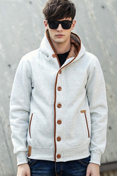 Cozy Mens Hoodie Pure Color Pocket Long Sleeve Regular Fitted Hooded Button Down Hoodie