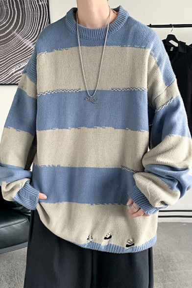Edgy Sweater Crew Neck Contrast Color Rib Cuffs Long Sleeve Regular Fit Sweater for Men