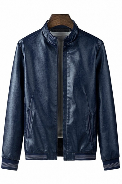 Elegant Mens Leather Jacket Solid Color Long Sleeve Stand Collar Pocket Detail Zip Placket Leather Jacket