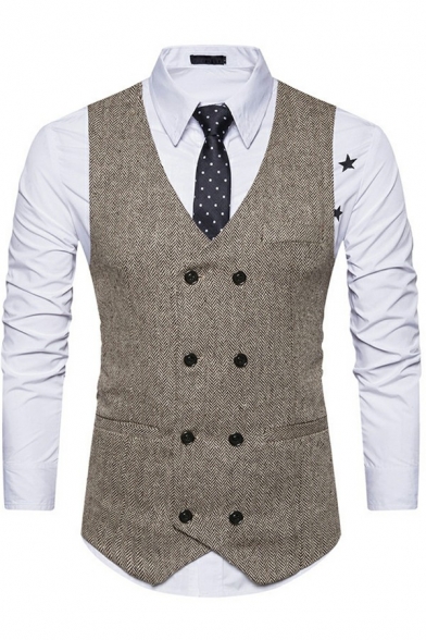 Elegant Suit Vest Pure Color V-Neck Button Up Sleeveless Slim Fitted Suit Vest for Men