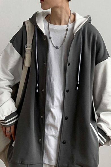 Fancy Mens Bomber Jacket Color Block Splicing Button up Long Sleeve Loose Fit Jacket