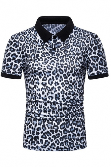 Fancy Mens Leopard Printed Polo Shirt Short-Sleeved Turn Down Collar Slim Fit Polo Shirt