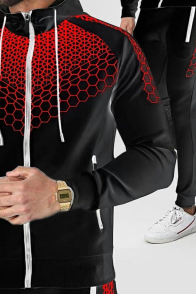 Freestyle Guy's Set Honeycomb Printed Drawcord Long Sleeves Hooded Zip Fly Hoodie with Pants Regular Set
