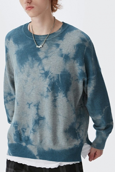 Guys Fancy Sweater Tie Dye Pattern Long Sleeve Round Neck Regular Fitted Pullover Sweater
