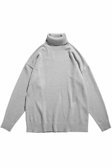 Guys Hot Sweater Whole Colored Ribbed Trim High Neck Relaxed Long Sleeves Sweater