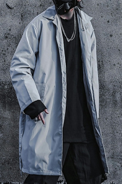 Hip-hop Trench Coat Solid Color Collar Long Sleeve Loose Fitted Trench Coat for Men