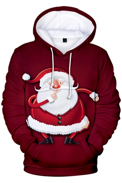 Men Casual Hoodie Christmas Pattern Pocket Long Sleeves Relaxed Fit Hooded Drawcord Hoodie