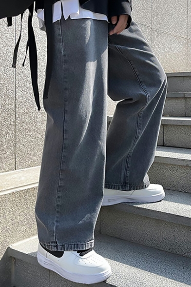 Men Creative Denim Pants Plain Zip Closure Pocket Detail Relaxed Fit Long Denim Pants