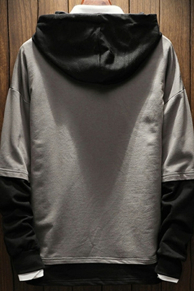 Men Stylish Hoodie Color Block  Faux Twinset Panel Pocket Drawstring Long Sleeves Hoodie