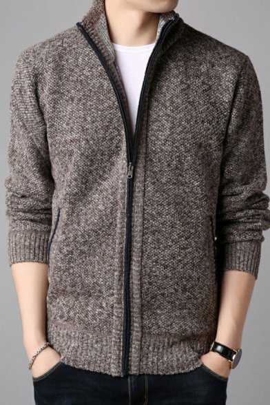 Mens Popular Cardigan Sweater Plain Long Sleeves Stand Collar Zip Closure Regular Fitted Cardigan Sweater