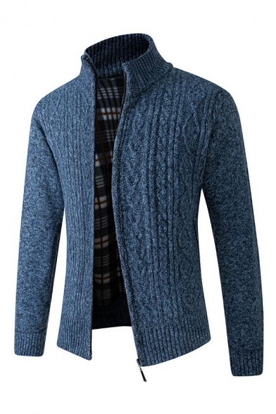 Mens Stylish Cardigan Solid Color Long Sleeve Stand Collar Open Front Regular Fit Cardigan Coat