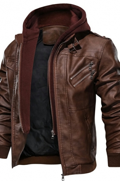 Modern Jacket Pure Color Chest Pocket Long Sleeves Slim Fit Hooded Leather Jacket for Men