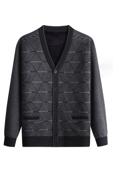 Novelty Cardigan Geometric Pattern V-Neck Button Closure Pocket Long-sleeved Thick Cardigan for Men