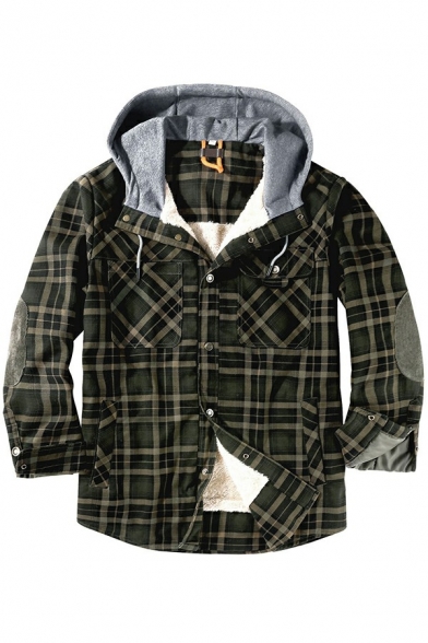 Retro Plaid Printed Mens Jacket Button Fly Elbow Patch Long Sleeve Relaxed Hooded Casual Jacket