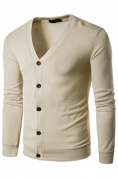 Simple Cardigan Solid V-Neck Long-sleeved Button Embellish Long-sleeved Cardigan for Men