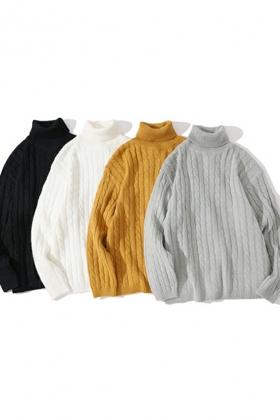Simple Men's Jacquard Sweater Solid Color Round Neck Long Sleeves Loose Fitted Sweater