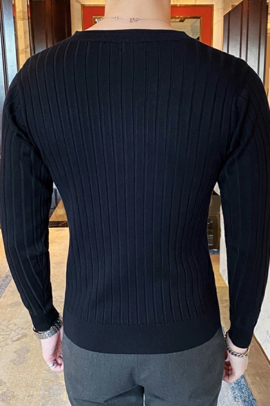 Simple Men's Sweater Plain Long Sleeve V-Neck Regular Fitted Pullover Sweater
