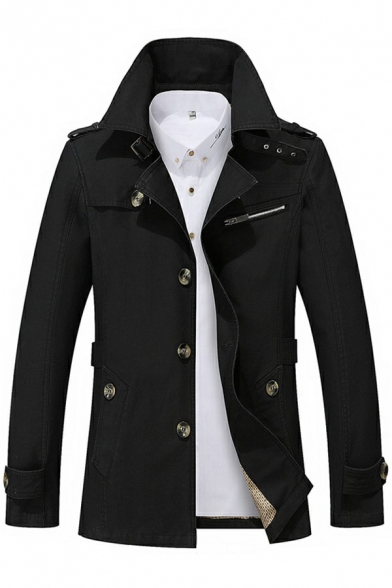 Simple Mens Trench Coat Pure Color Single Breast Long Sleeve Lapel Collar Fitted Trench Coat