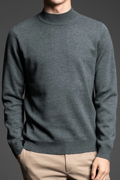 Simple Sweater Mock Neck Solid Color Long Sleeve Regular Fitted Knitted Sweater for Men