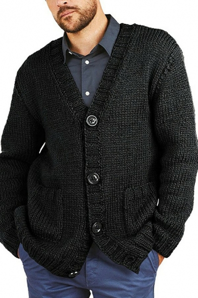 Street Look Guys Cardigan V-Neck Pocket Detail Button-up Long Sleeves Baggy Cardigan