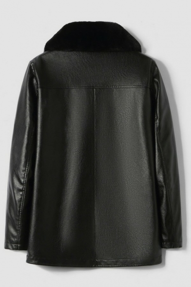 Street Look Men Jacket Solid Color Fleece Collar Regular Long Sleeves Zipper Leather Jacket