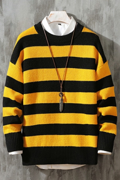 Stylish Men's Sweater Stripe Printed Crew Neck Long Sleeves Regular Fit Pullover Sweater