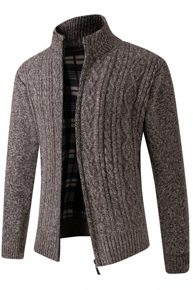 Trendy Guys Cardigan Plain Cable Knit Detailed Long Sleeves Slim Stand Collar Zip Fly Cardigan