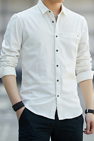 Trendy Mens Shirt Button Closure Plain Long Sleeves Turn down Collar Regular Fit Shirt