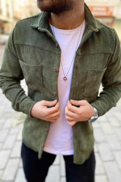 Trendy Solid Color Shirts Spread Collar Chest Pockets Button Closure Long Sleeve Fitted Shirts