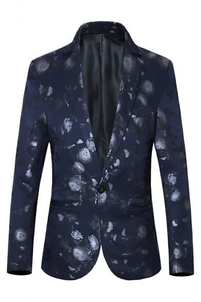 Vintage Jacket Suit Flowers Printed Long-Sleeved Single Button Pocket Detail Slim Fit Suit for Men