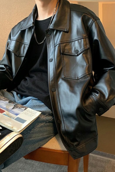 Vintage Mens Jacket Plain Flap Pocket Spread Collar Long Sleeve Relaxed Fit Zip Placket Leather Jacket