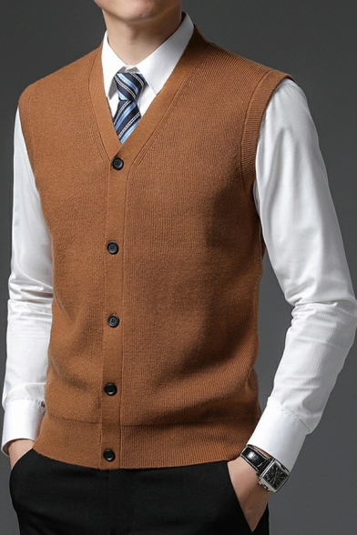 Basic Designed Suit Vest Solid Color Button Up Sleeveless Slim Fit Suit Vest for Men