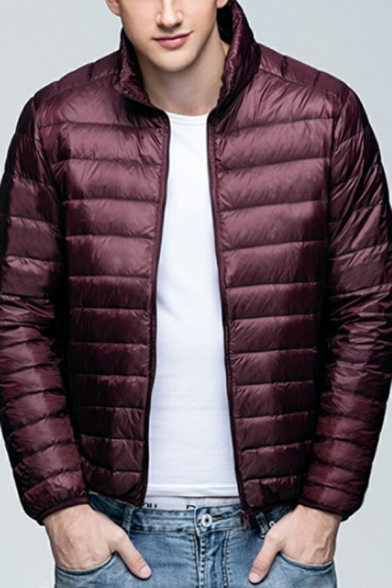 Basic Men's Puffer Coat Pure Color Zip Fly Stand Collar Long Sleeves Regular Fit Puffer Coat