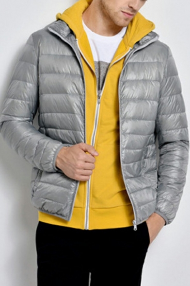 Basic Men's Puffer Coat Pure Color Zip Fly Stand Collar Long Sleeves Regular Fit Puffer Coat