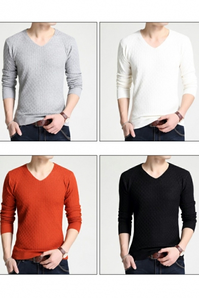 Basic Men's Sweater Solid Color Long Sleeve V-Neck Slim Fit Pullover Sweater