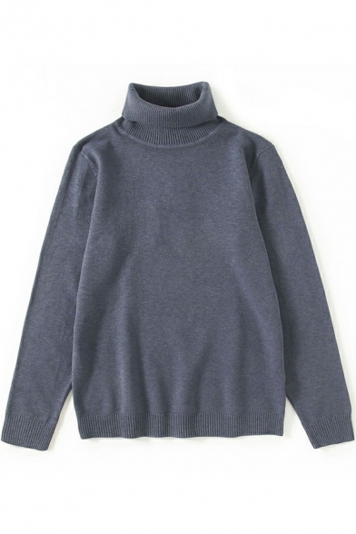 Basic Mens Sweater Whole Colored Rib Cuffs Long-sleeved High Collar Loose Fitted Pullover Sweater