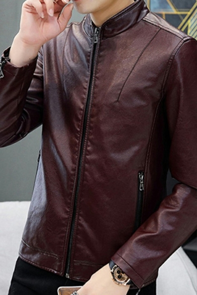Boys Edgy Jacket Pure Color Long Sleeve Stand Collar Slim Fitted Zip Placket Leather Jacket