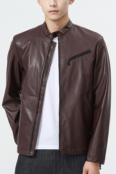 Boys Unique Solid Color Stand Collar Long-Sleeved Relaxed Fit Zip Placket Leather Jacket