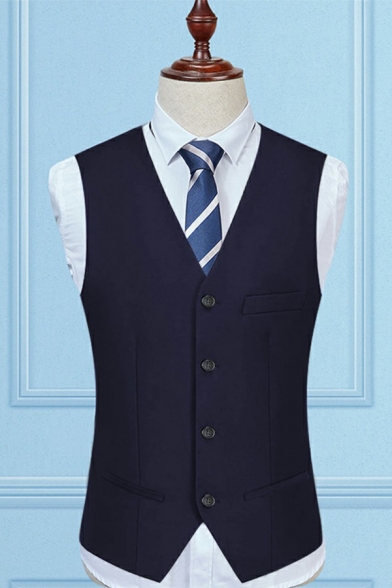 Business Solid Color Mens Vest V Neck Belt Back Sleeveless Button Closure Slimming Vest