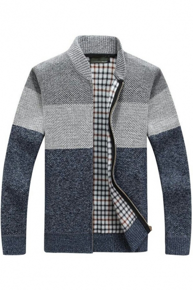Casual Cardigan Whole Colored Plaid Lined Regular Stand Collar Long Sleeve Zip Up Cardigan for Guys