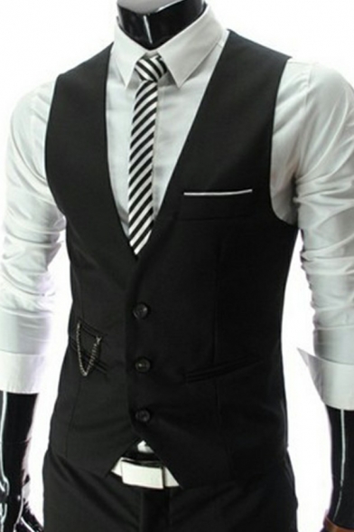 Casual Vest Solid Color V-Neck Pocket Detail Chain Decoration Single Breasted Slim Fitted Suit Vest for Men