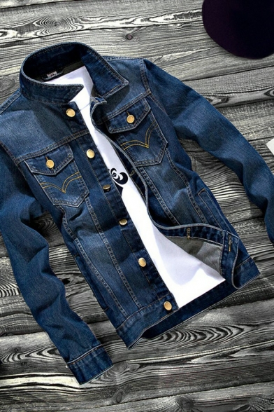 Classic Denim Jacket Chest Pocket Button Up Long Sleeve Regular Fit Denim Jacket for Men