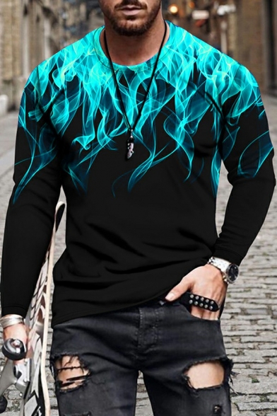 Cool Guy's T-Shirt 3D Flame Print Long Sleeves Round Neck Slim Fit T-Shirt