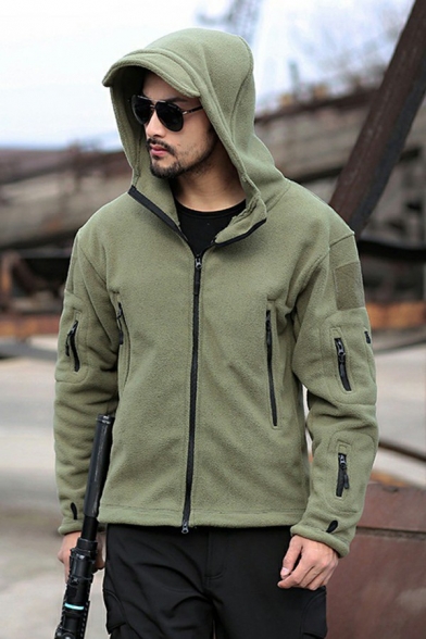 Cool Solid Color Jacket Zip Closure Multi Pockets Long Sleeves Hooded Jacket for Men