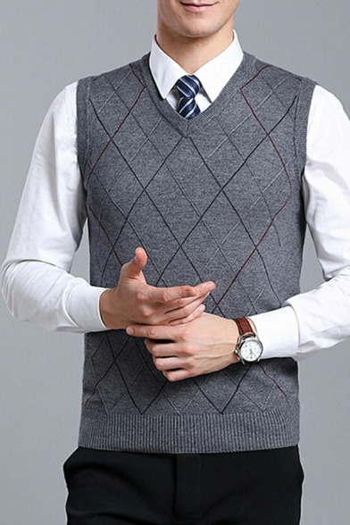 Creative Mens Checked Printed Sweater V-Neck Rib Hem Regular Fit Sleeveless Vest