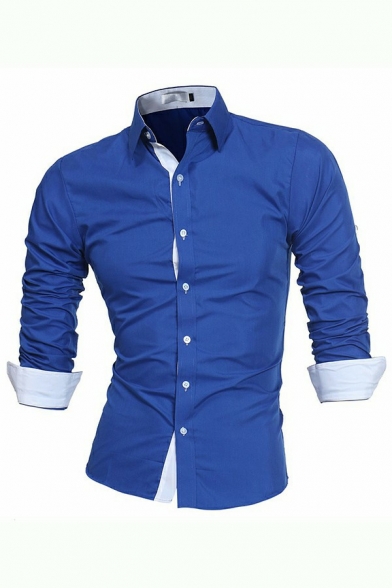 Daily Color Block Mens Shirts Long Sleeves Lapel Collar Loose Fitted Shirts
